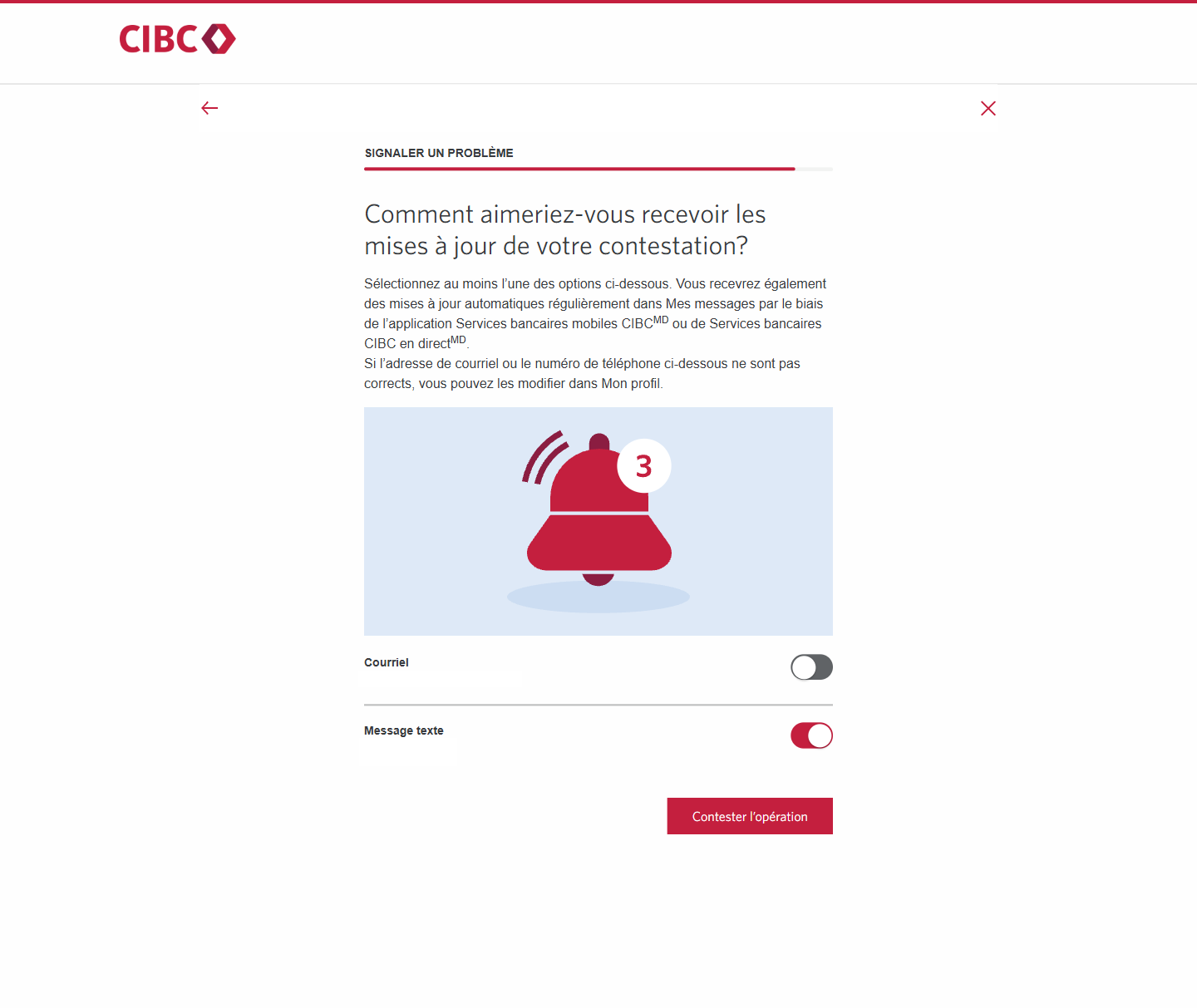Écran 17 de la démonstration : Formulaire Signaler un problème de Services bancaires CIBC en direct. Une animation dynamique met en évidence le bouton Soumettre la contestation.