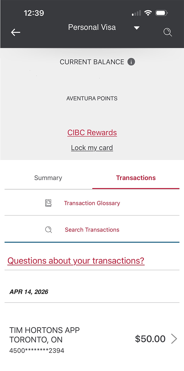 Demo screen 4: CIBC Mobile App past transactions list. A pulsing animation highlights a transaction button.