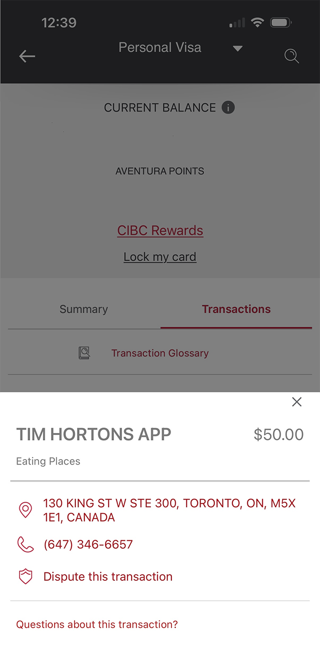 Demo screen 5: CIBC Online Banking past transactions list. A pulsing animation highlights a "Dispute This Transaction" button.