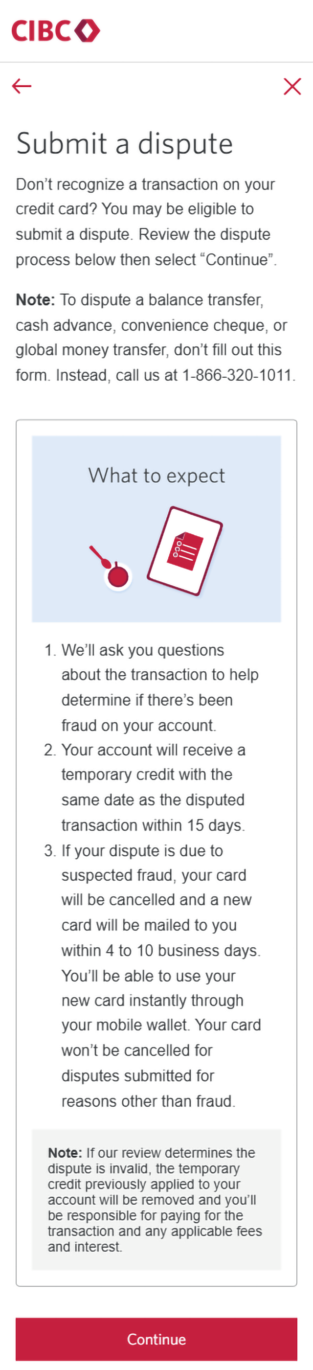 Demo screen 6: CIBC Mobile Banking submit a dispute page. A pulsing animation highlights a "Continue" button.