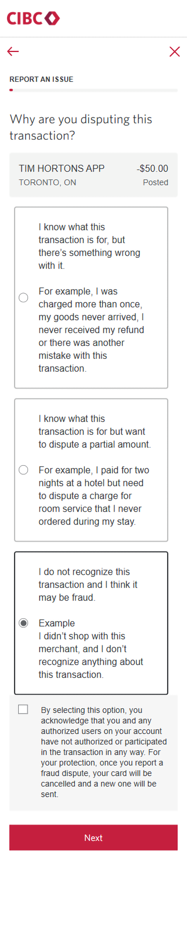 Demo screen 7: CIBC Online Banking report an issue form. A pulsing animation highlights the "Next" button.
