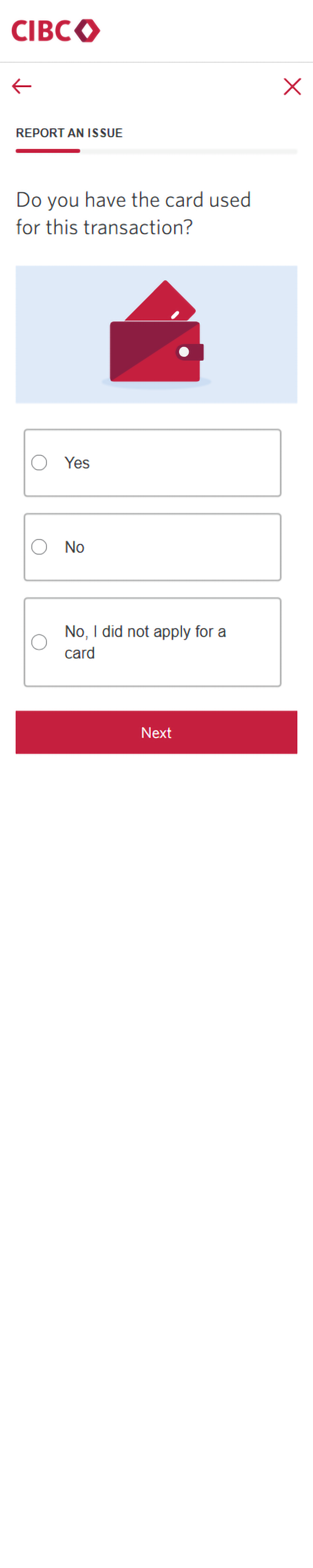 Demo screen 10: CIBC Mobile Bank report an issue form. A pulsing animation highlights the "Next" button.