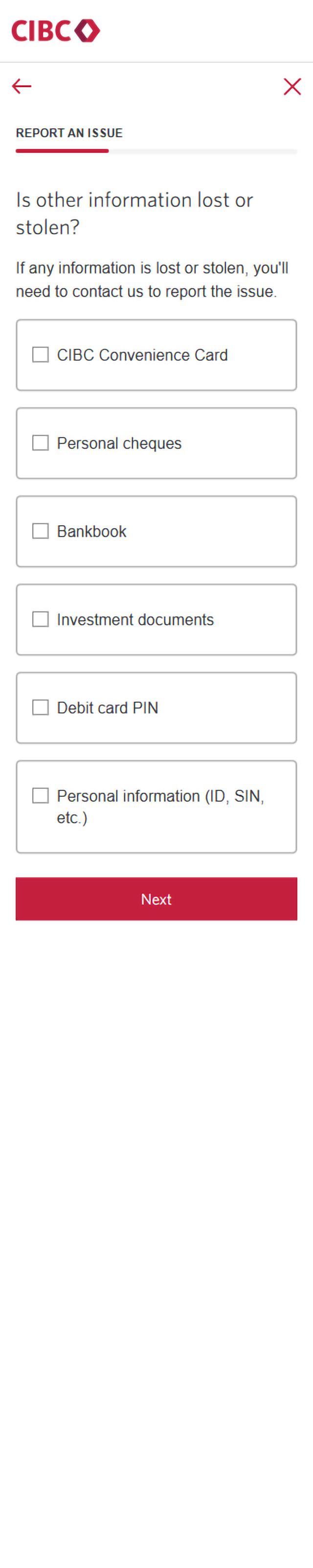 Demo screen 11: CIBC Mobile App reporting an issue form. A pulsing animation highlights the "Next" button.