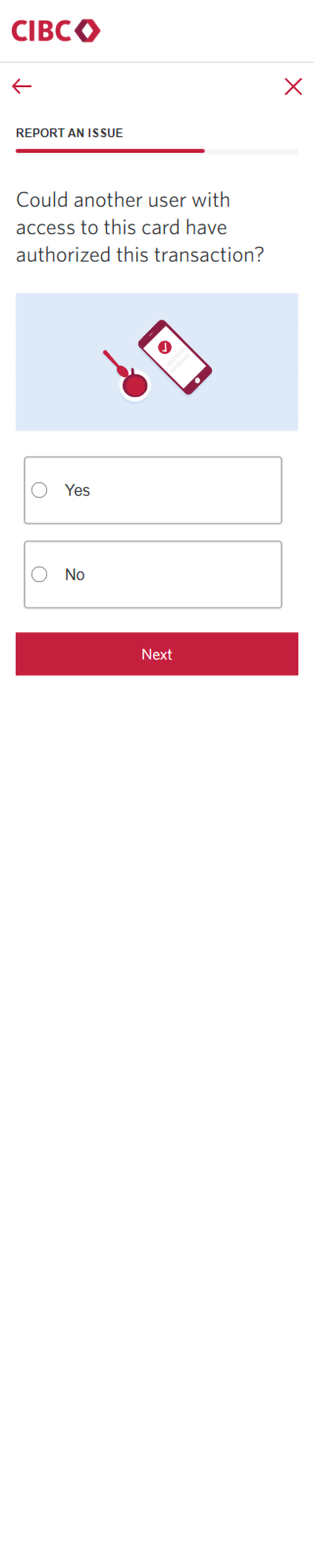 Demo screen 15: CIBC Mobile App report an issue form. A pulsing animation highlights the "Next" button.