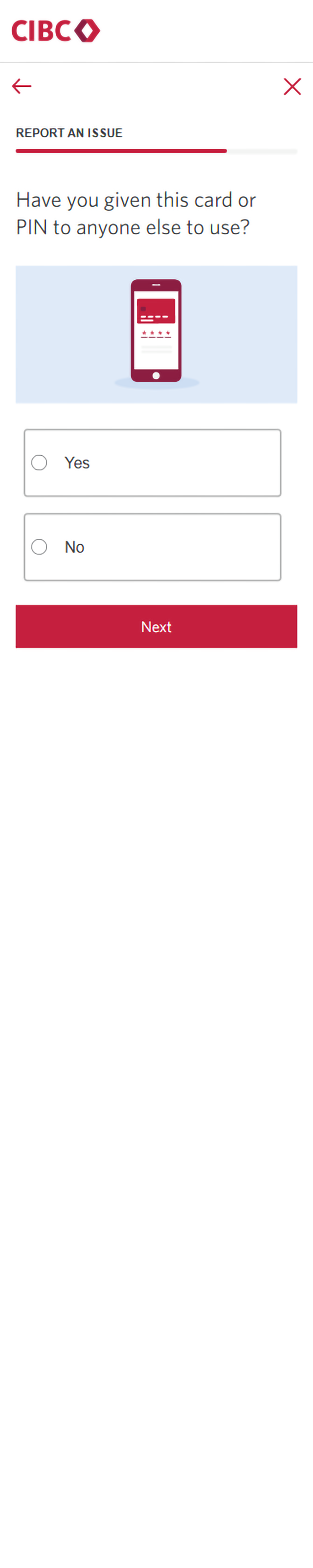 Demo screen 16: CIBC Mobile App report an issue form. A pulsing animation highlights the "Next" button.