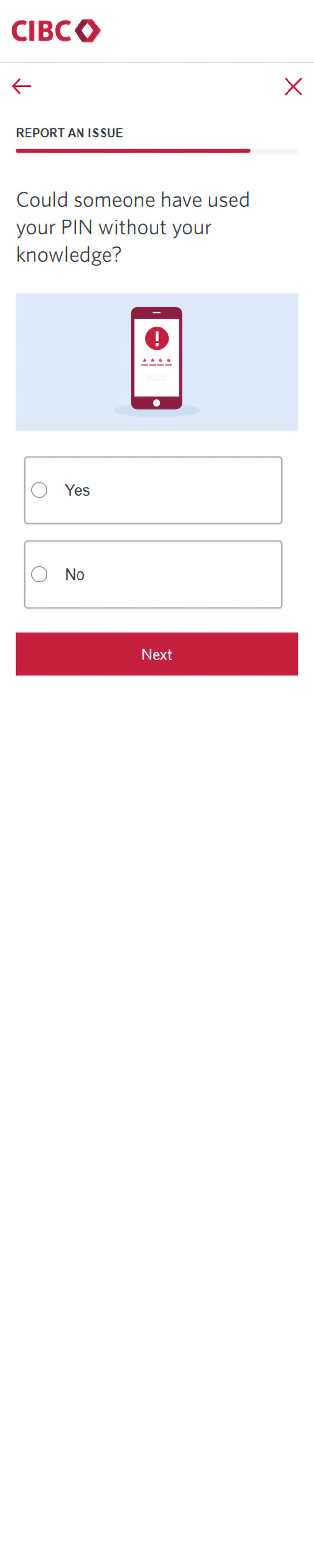 Demo screen 17: CIBC Mobile App report an issue form. A pulsing animation highlights the "Next" button.