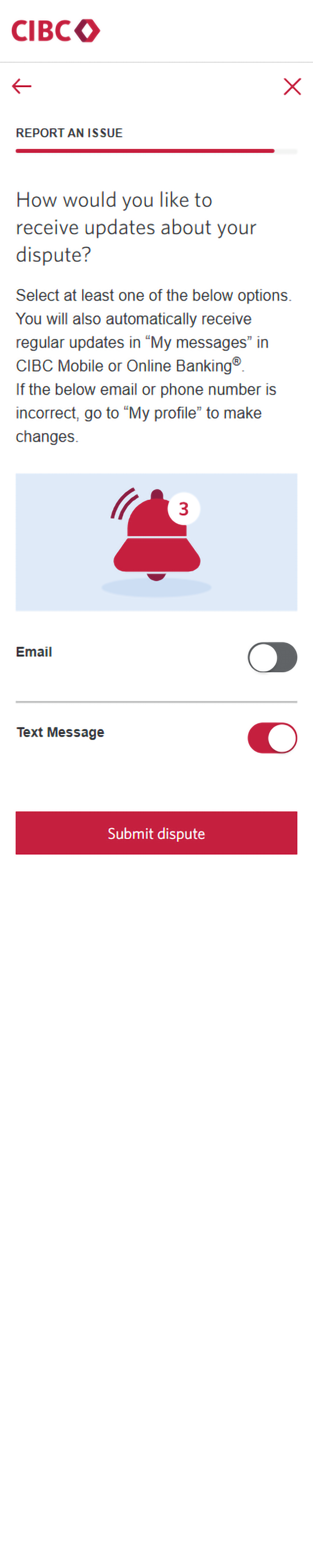 Demo screen 18: CIBC Mobile App report an issue form. A pulsing animation highlights the "Submit dispute" button.