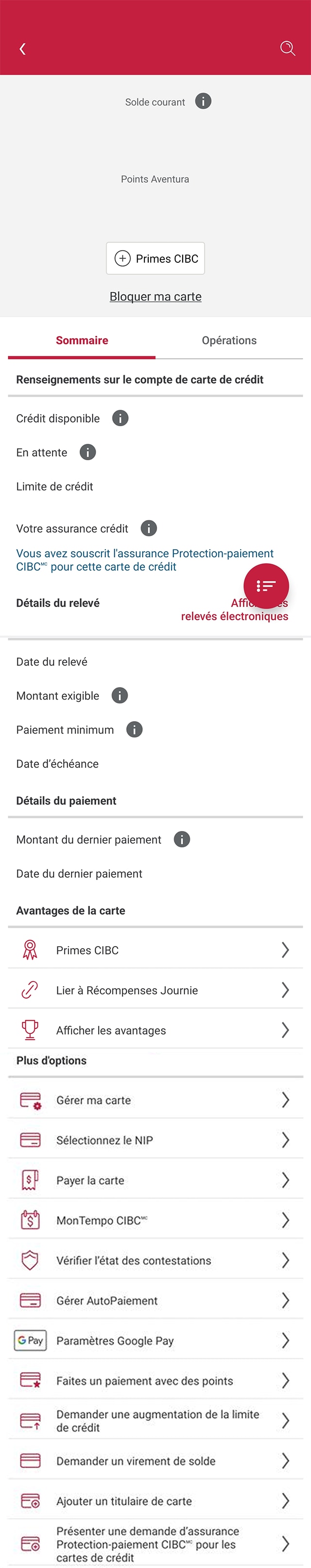 Écran 3 de la démonstration : Liste des opérations antérieures dans l’application Services bancaires mobiles CIBC. Une animation dynamique met en évidence l’onglet Opérations.