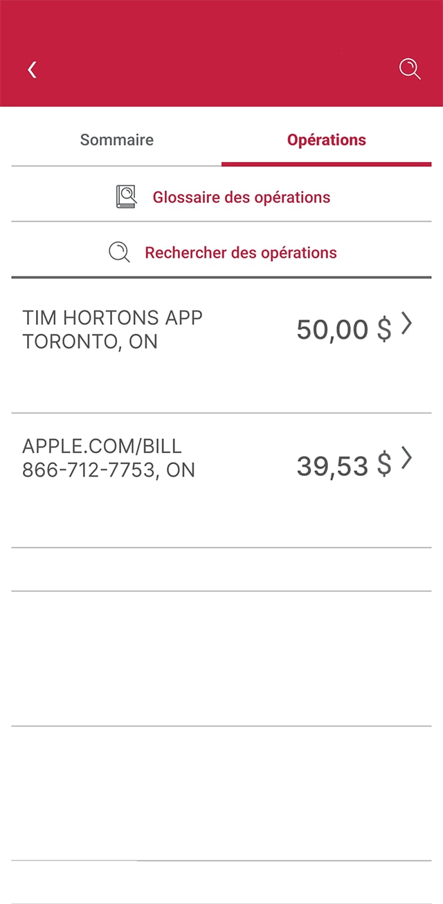 Écran 4 de la démonstration : Liste des opérations antérieures dans l’application Services bancaires mobiles CIBC. Une animation dynamique met en évidence le bouton Opérations.