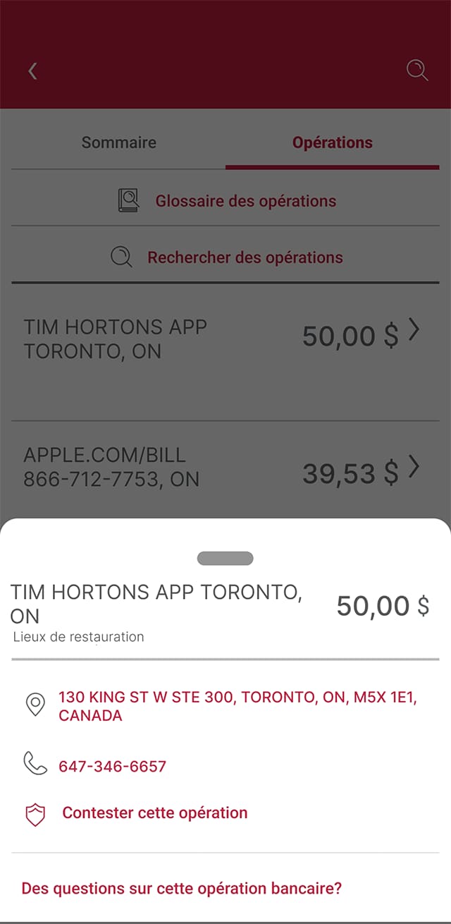 Écran 5 de la démonstration : Liste des opérations antérieures dans Services bancaires CIBC en direct. Une animation dynamique met en évidence le bouton Contester cette opération.