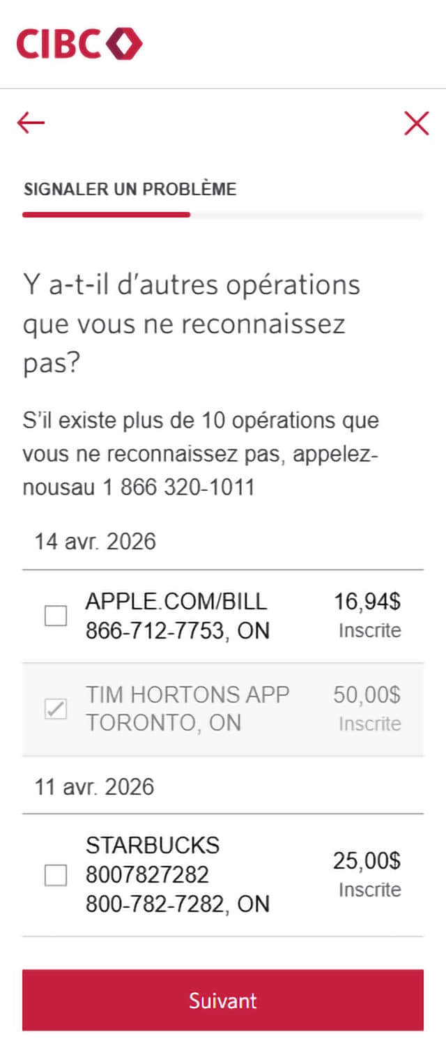 Écran 12 de la démonstration : Formulaire Signaler un problème dans l’application Services bancaires mobiles CIBC. Une animation dynamique met en évidence le bouton Suivant.
