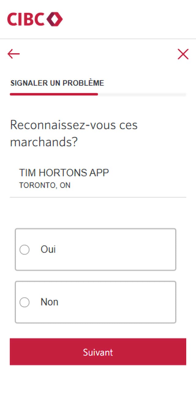 Écran 13 de la démonstration : Formulaire Signaler un problème dans l’application Services bancaires mobiles CIBC. Une animation dynamique met en évidence le bouton Suivant.