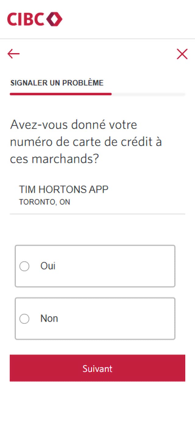 Écran 14 de la démonstration : Formulaire Signaler un problème dans l’application Services bancaires mobiles CIBC. Une animation dynamique met en évidence le bouton Suivant.