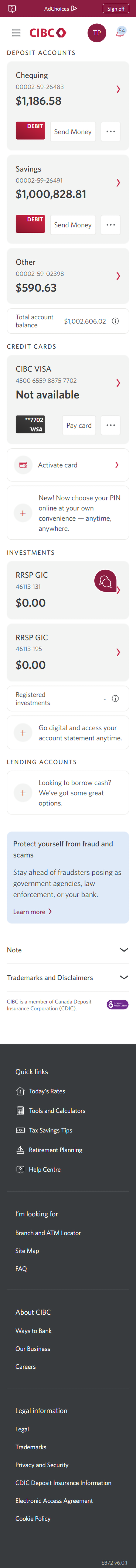 Demo screen 2: CIBC Online Banking accounts overview. A pulsing animation highlights the credit card account button.