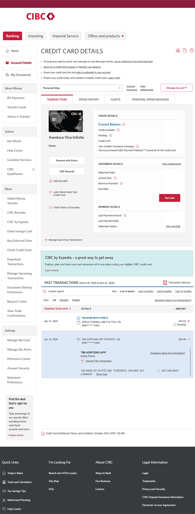 Demo screen 3: CIBC Online Banking past transactions list. A pulsing animation highlights a "Dispute This Transaction" link.