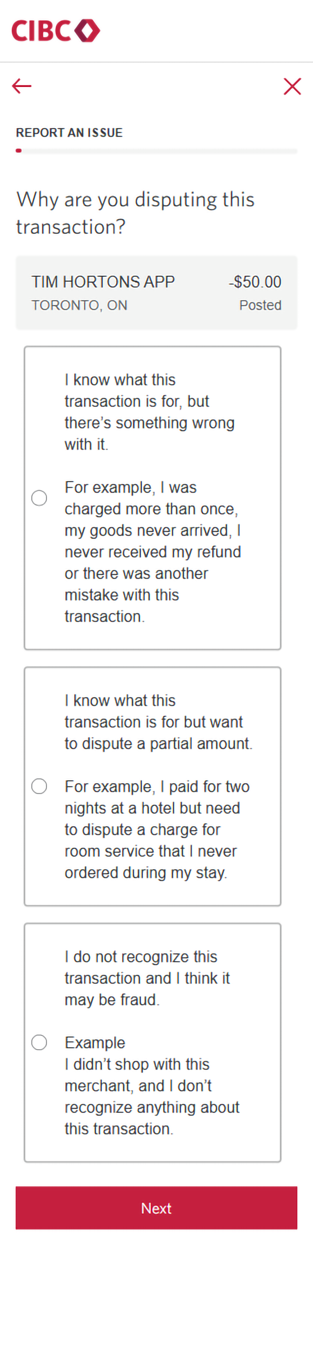 Demo screen 5: CIBC Online Banking report an issue form. A pulsing animation highlights a "I don't recognize the transaction and I think it may be fraud" checkbox.