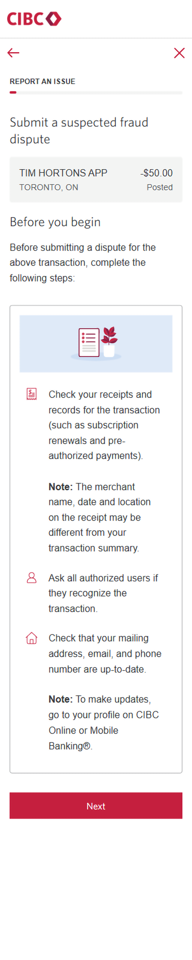 Demo screen 7: CIBC Online Banking reporting an issue form. A pulsing animation highlights the "next" button.