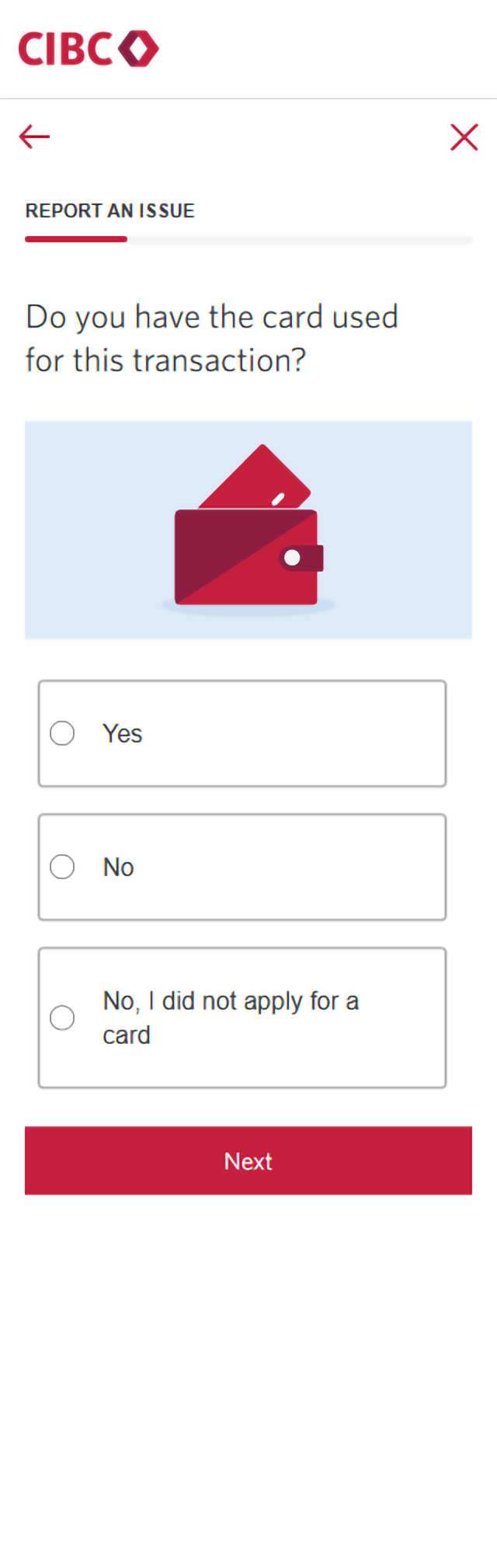 Demo screen 9: CIBC Online Banking report an issue form. A pulsing animation highlights the "Next" button.