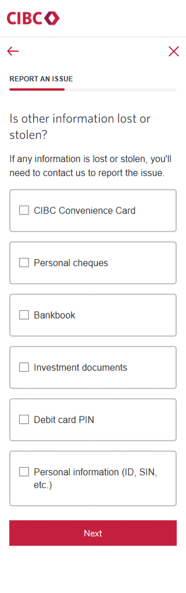 Demo screen 10: CIBC Online Banking reporting an issue form. A pulsing animation highlights the "Next" button.