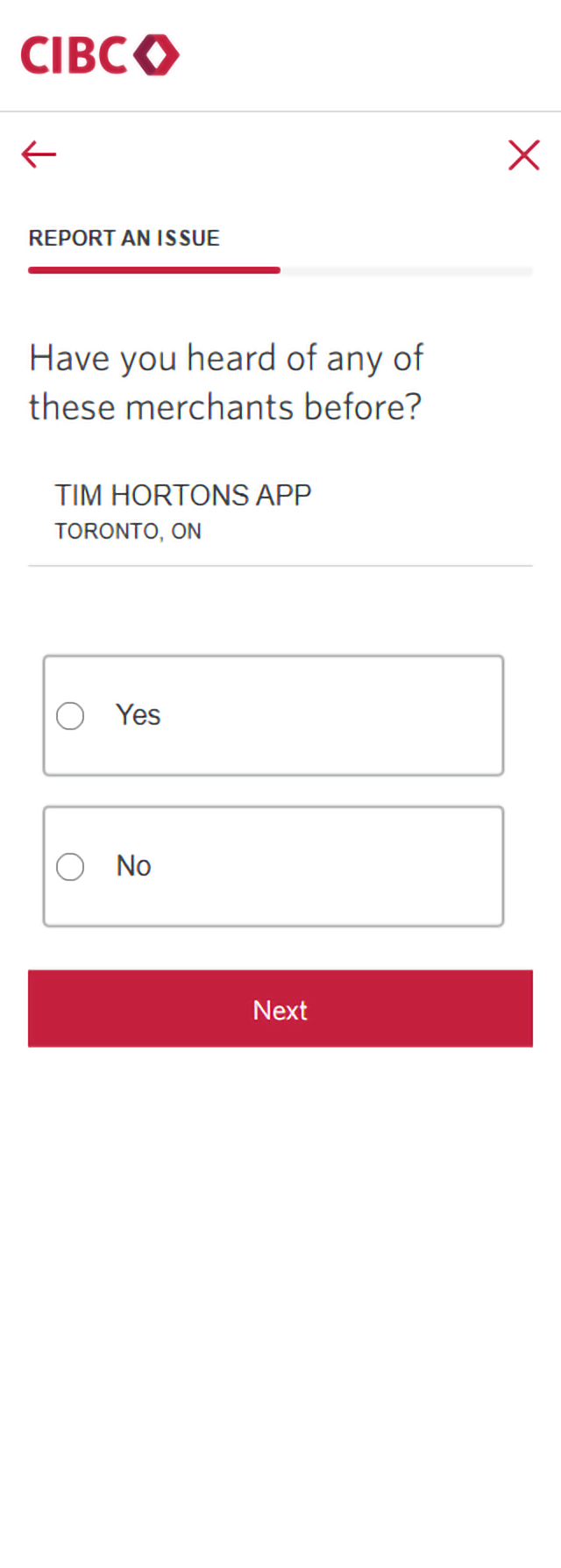 Demo screen 12: CIBC Online Banking report an issue form. A pulsing animation highlights the "Next" button.