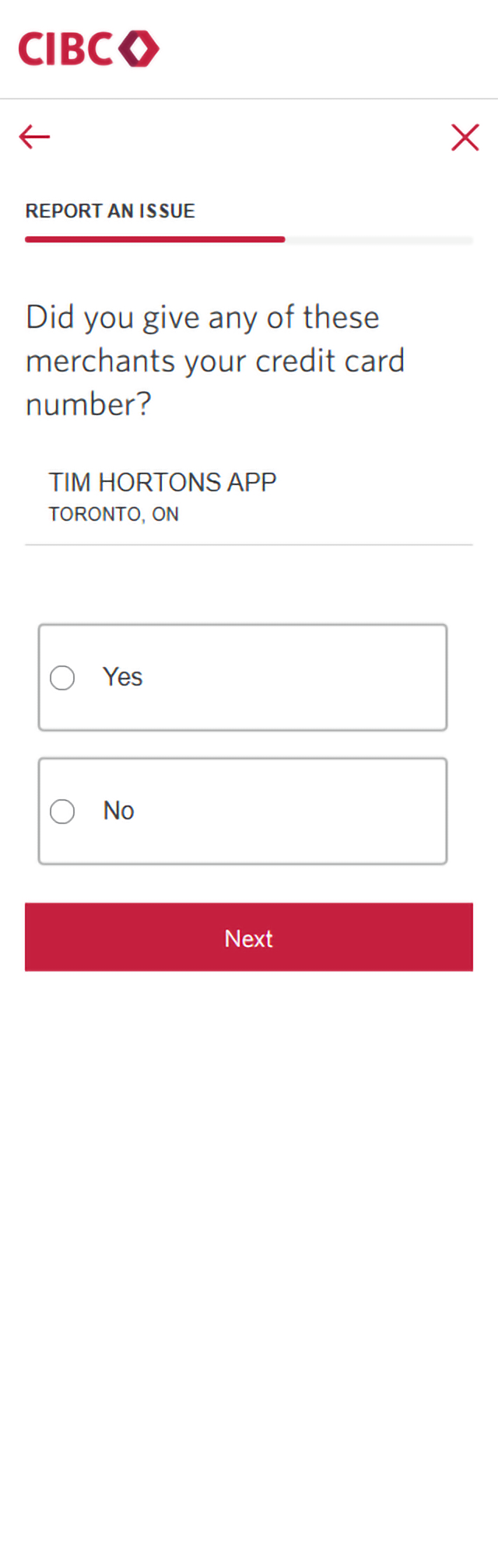 Demo screen 13: CIBC Online Banking report an issue form. A pulsing animation highlights the "Next" button.