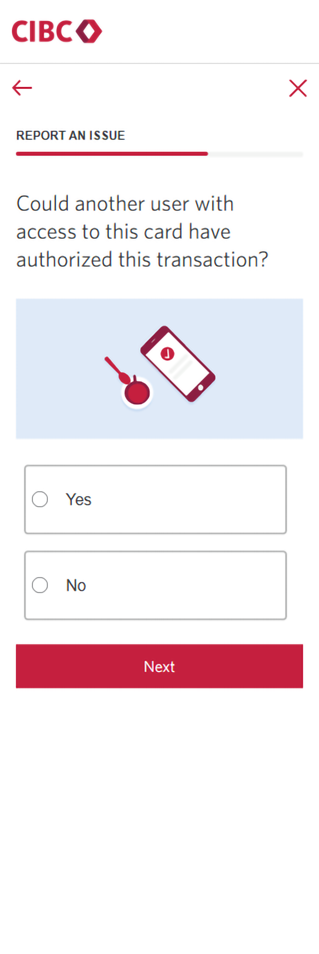Demo screen 14: CIBC Online Banking report an issue form. A pulsing animation highlights the "Next" button.