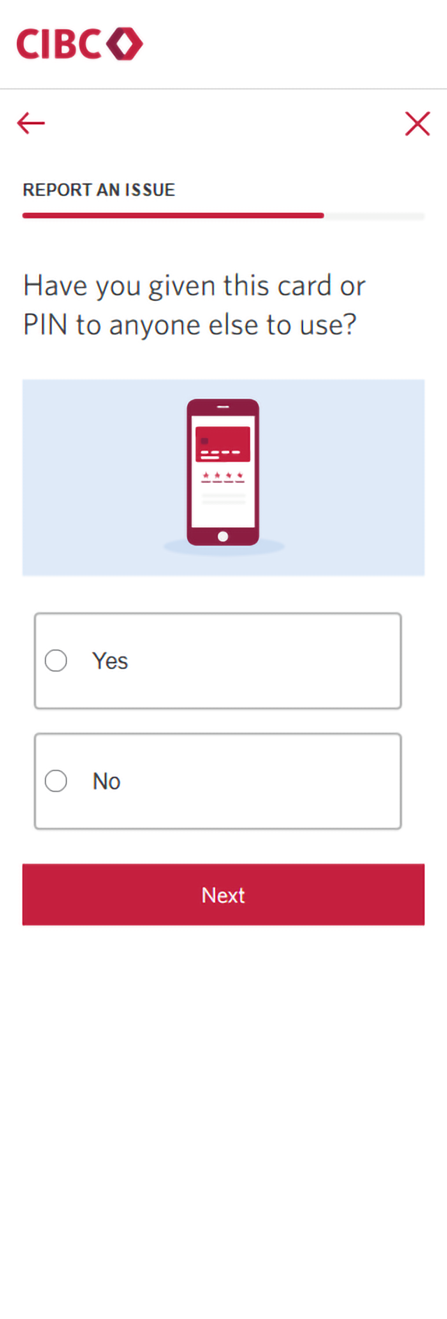 Demo screen 15: CIBC Online Banking report an issue form. A pulsing animation highlights the "Next" button.