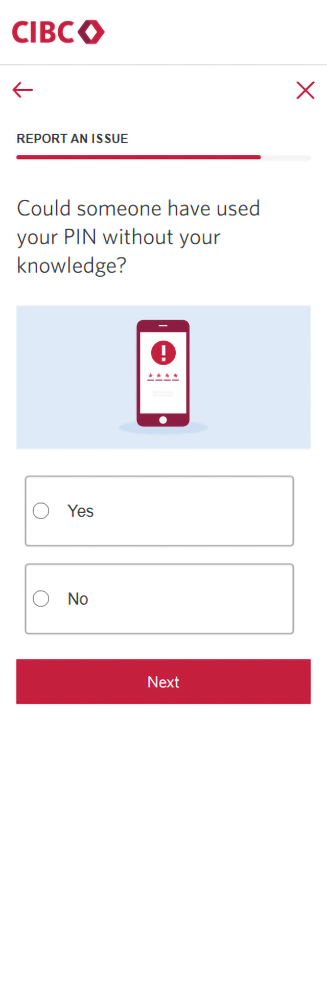 Demo screen 16: CIBC Online Banking report an issue form. A pulsing animation highlights the "Next" button.