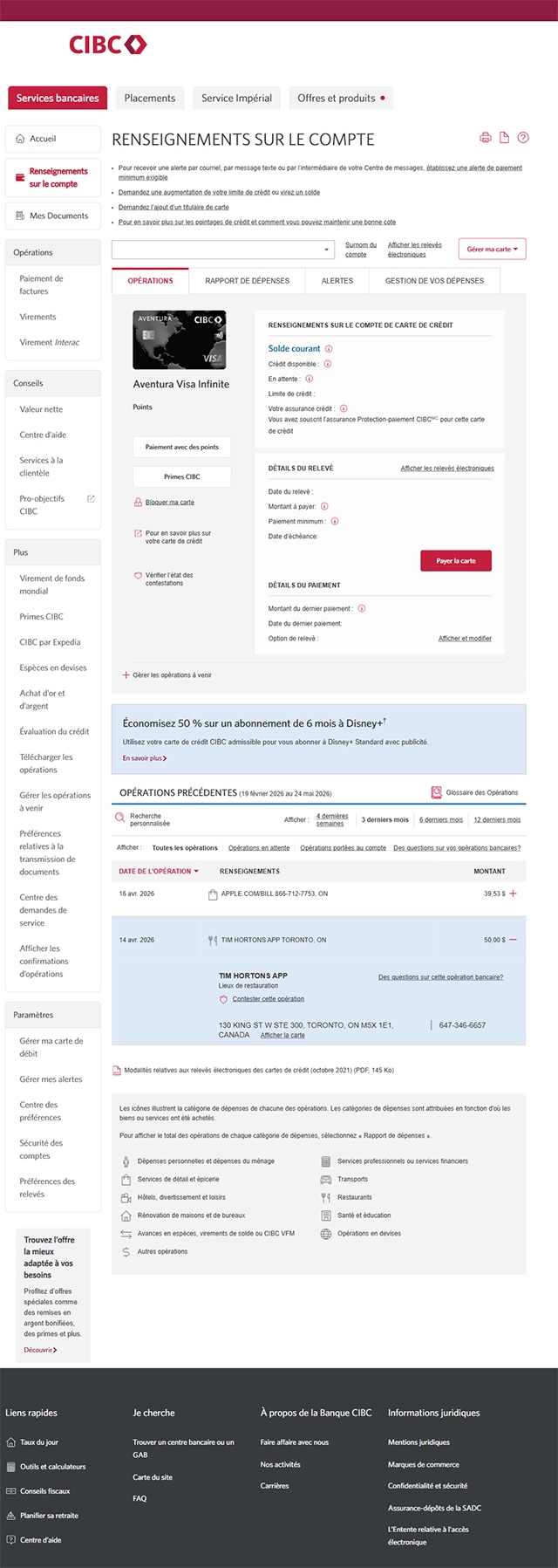 Écran 3 de la démonstration : Liste des opérations antérieures dans Services bancaires CIBC en direct. Une animation dynamique met en évidence le lien Contester cette opération.