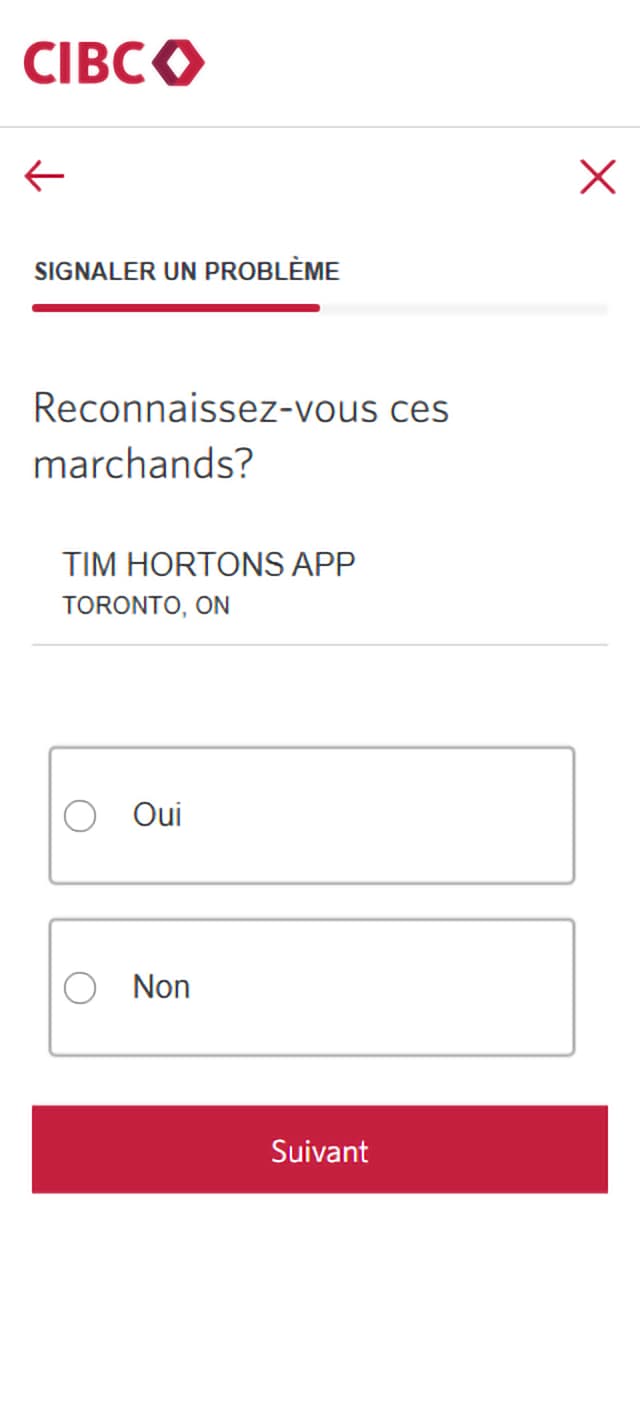 Écran 12 de la démonstration : Formulaire Signaler un problème de Services bancaires CIBC en direct. Une animation dynamique met en évidence le bouton Suivant.