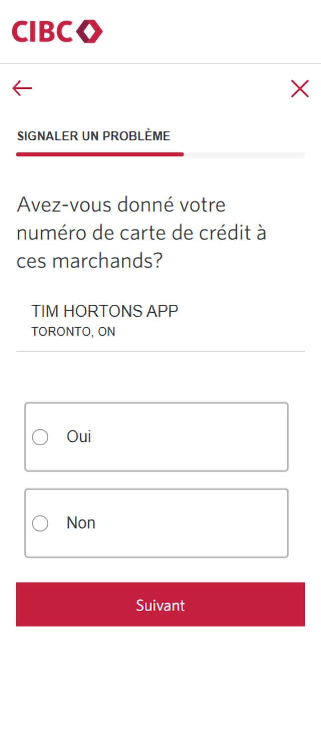 Écran 13 de la démonstration : Formulaire Signaler un problème de Services bancaires CIBC en direct. Une animation dynamique met en évidence le bouton Suivant.
