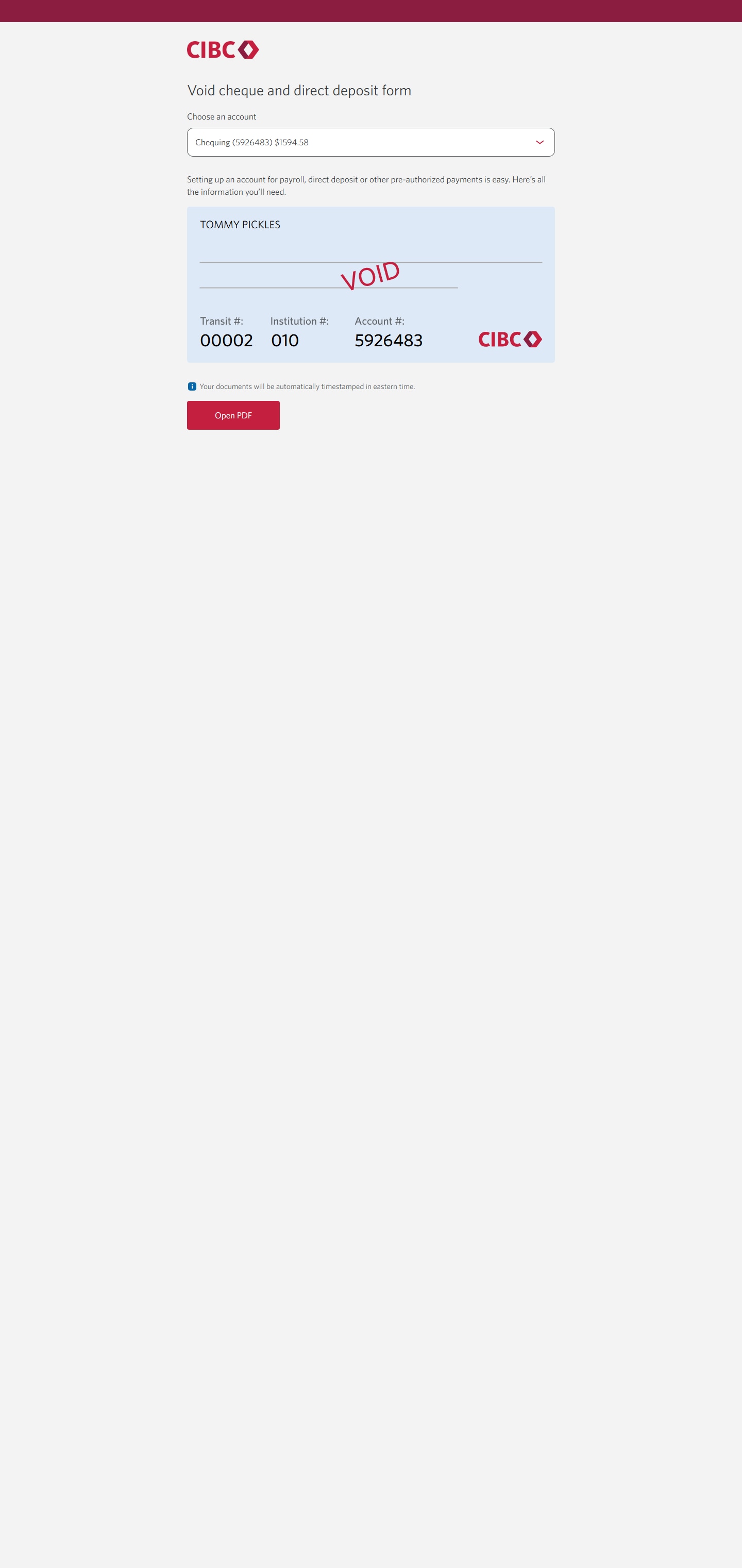 Demo screen 5: Void cheque and direct deposit form page. A pulsing animation highlights "Open PDF" button.