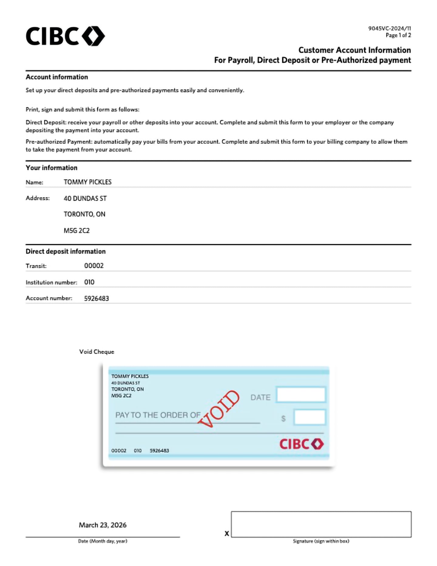 Demo screen 6: Void cheque and direct deposit form PDF. No pulsing animation.