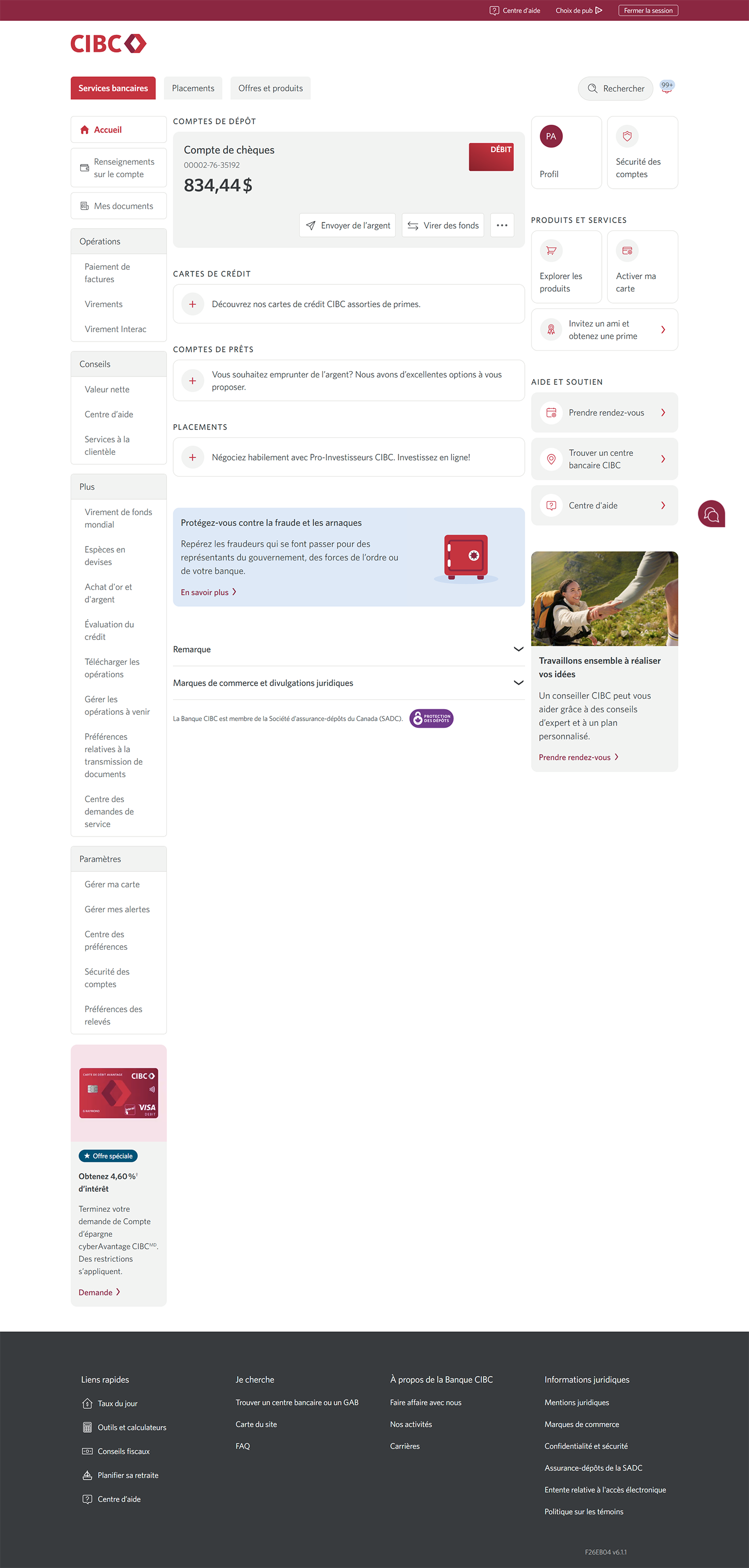 Écran de démonstration 2 : Page d’accueil de Services bancaires CIBC en direct. Une animation dynamique met en évidence le bouton Plus d'options pour un compte de dépôt.