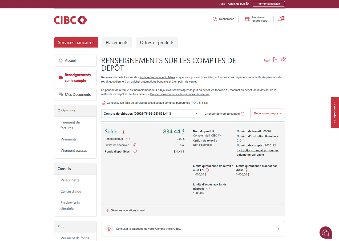 Écran de démonstration 3 : Page Renseignements sur les comptes de dépôt. Une animation dynamique met en évidence le bouton Gérer mon compte.