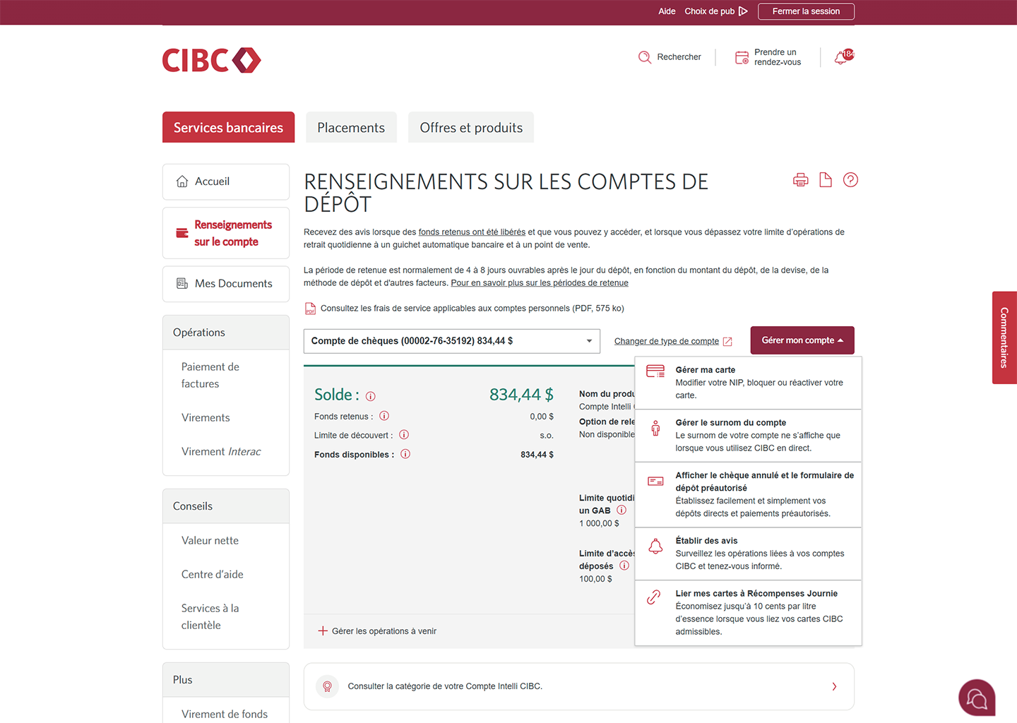 Écran de démonstration 4 : Page Renseignements sur les comptes de dépôt. Une animation dynamique met en évidence le lien menant à l’option Afficher le chèque annulé et le formulaire de dépôt préautorisé.
