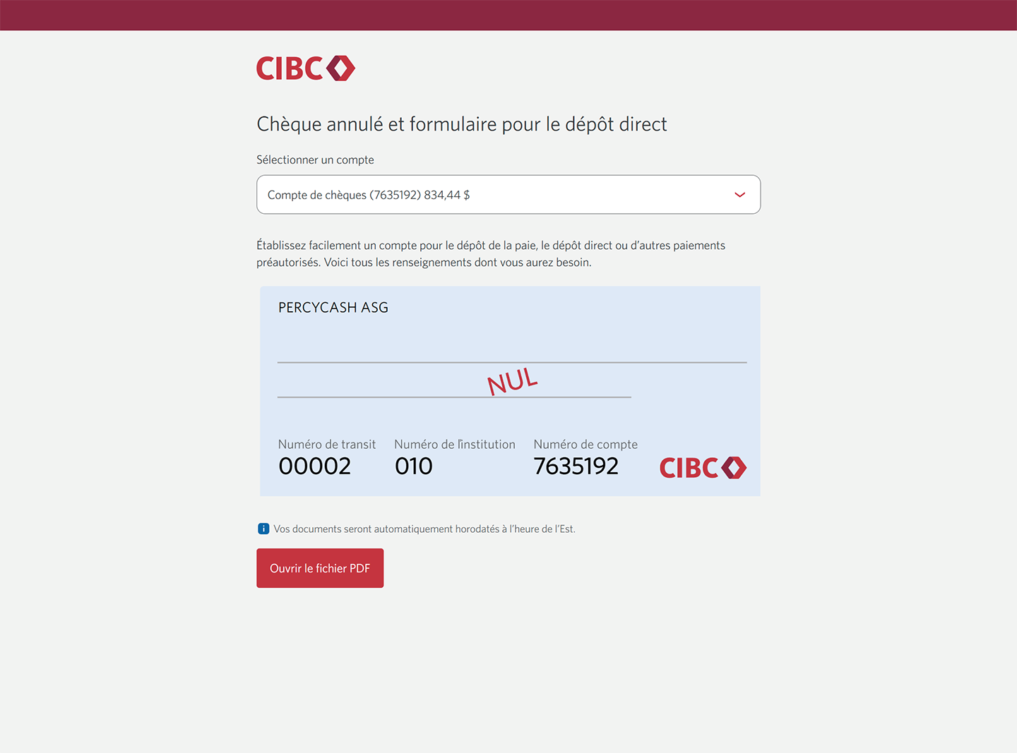 Écran de démonstration 5 : Page Chèque annulé et formulaire pour le dépôt direct. Une animation dynamique met en évidence le bouton pour ouvrir le fichier PDF.