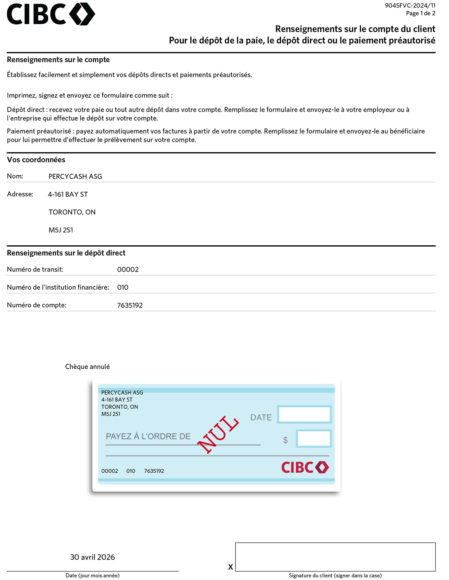 Écran de démonstration 6 : PDF Chèque annulé et formulaire pour le dépôt direct. Aucune animation dynamique.