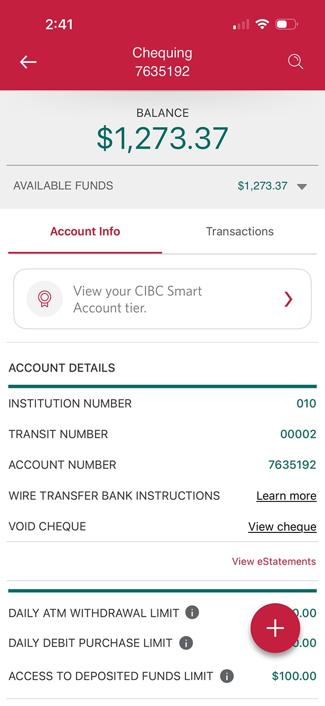 Demo screen 4: Account info tab. A pulsing animation highlights the "View cheque" button.