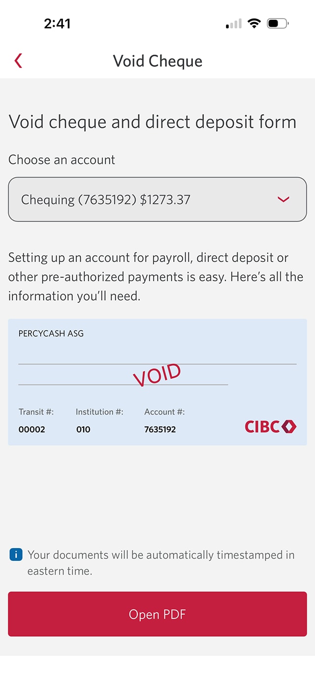 Demo screen 5: Void cheque and direct deposit form page. A pulsing animation highlights "Open PDF" button.
