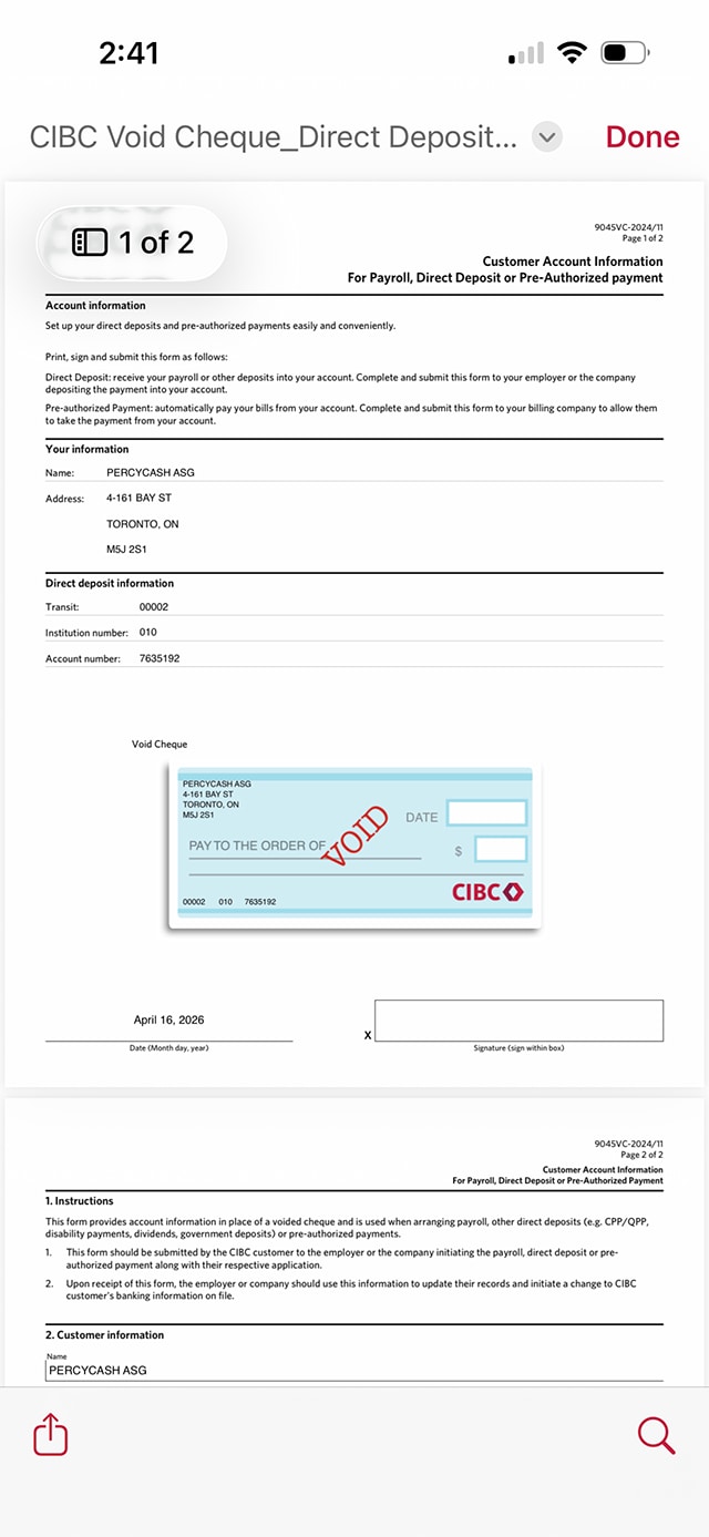 Demo screen 6: Void cheque and direct deposit form PDF. No pulsing animation.