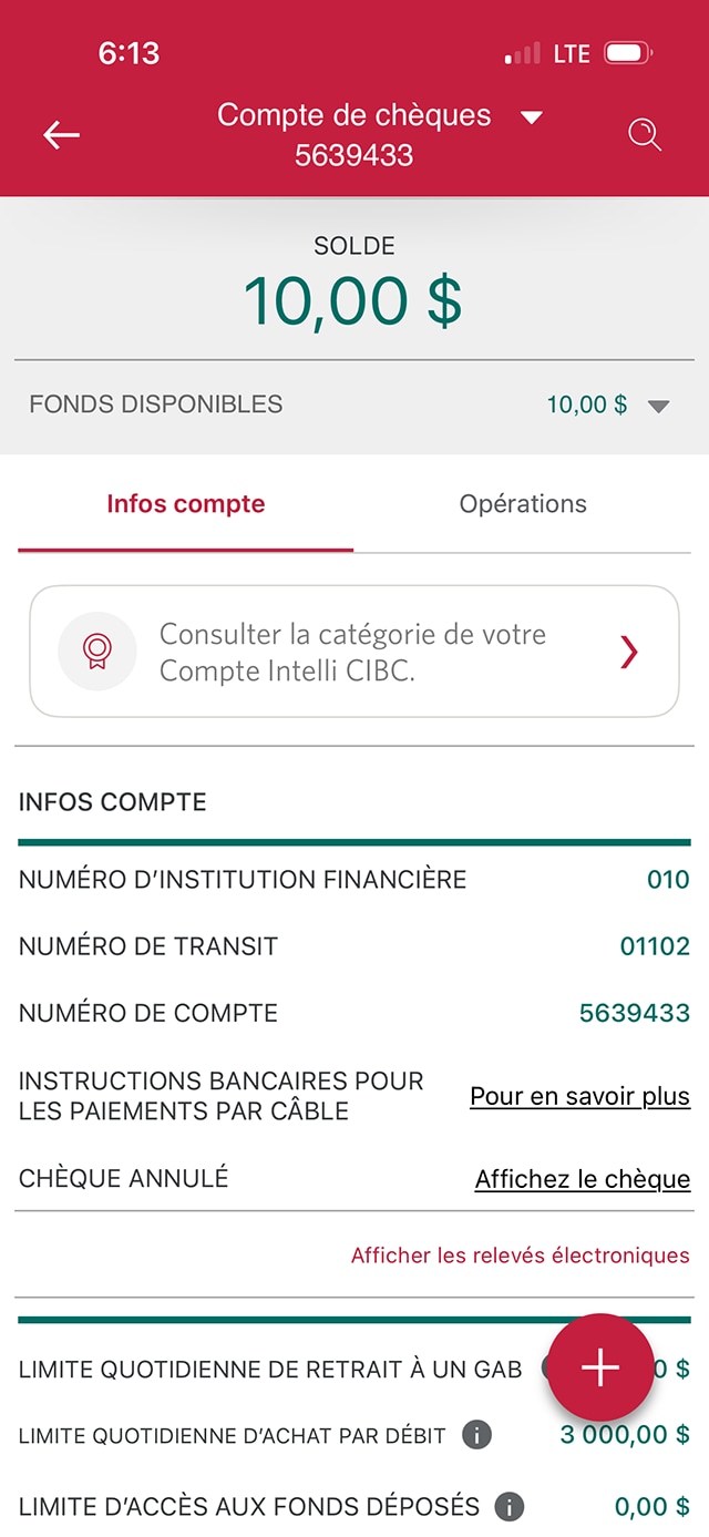 Écran de démonstration 4 : Onglet Infos compte. Une animation dynamique met en évidence le bouton « Affichez le chèque ».