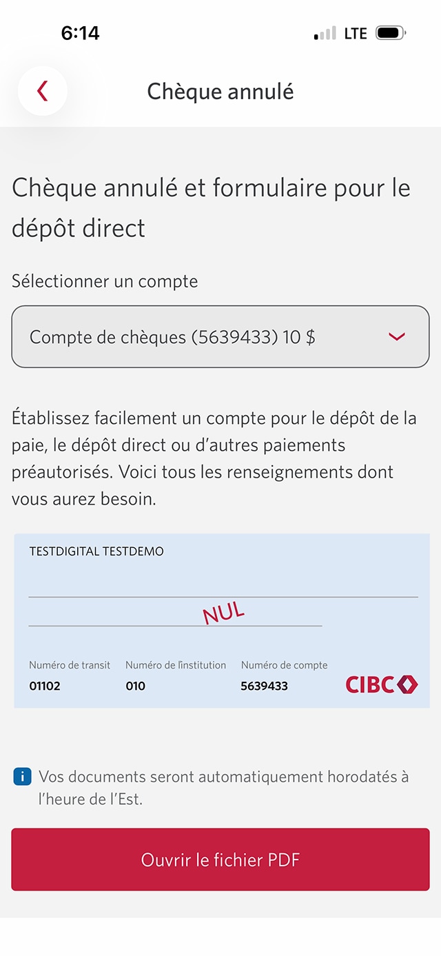Écran de démonstration 5 : Page Chèque annulé et formulaire pour le dépôt direct. Une animation dynamique met en évidence le bouton pour ouvrir le PDF.