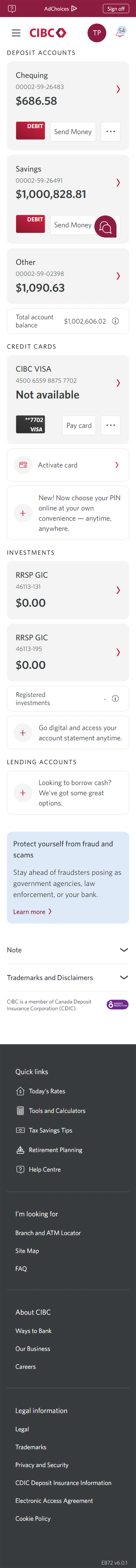 Demo screen 2: CIBC Online Banking homepage. A pulsing animation highlights the More options button for a deposit account.
