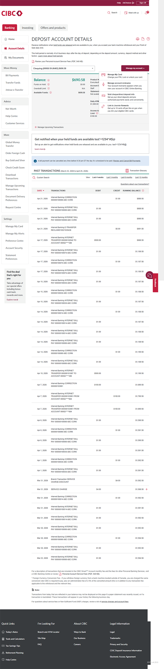 Demo screen 4: Deposit Account Details page. A pulsing animation highlights "Void cheque/direct deposit info" link.