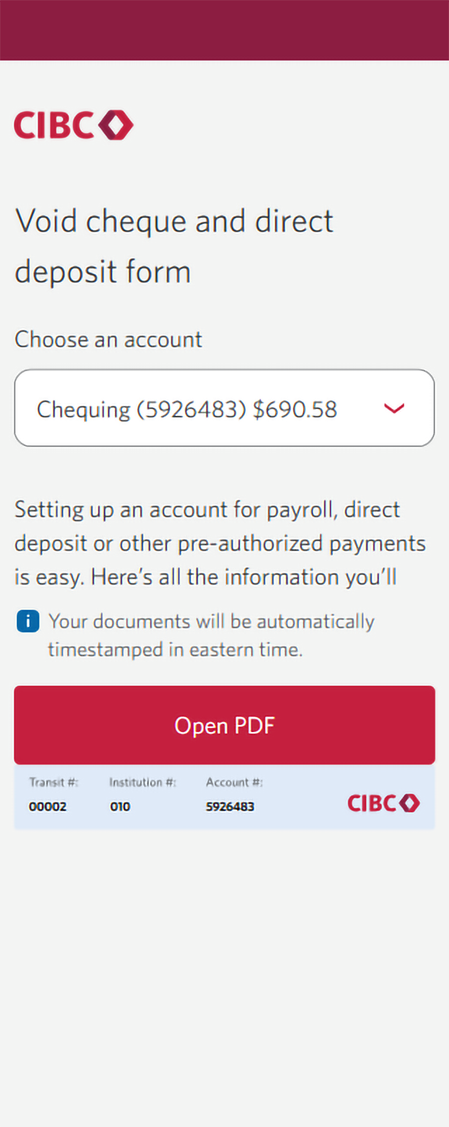 Demo screen 5: Void cheque and direct deposit form page. A pulsing animation highlights "Open PDF" button.