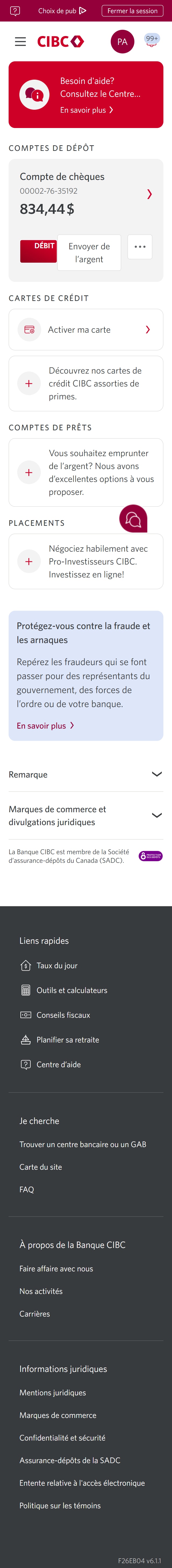 Écran de démonstration 2 : Page d’accueil de Services bancaires CIBC en direct. Une animation dynamique met en évidence le bouton Plus d'options pour un compte de dépôt.