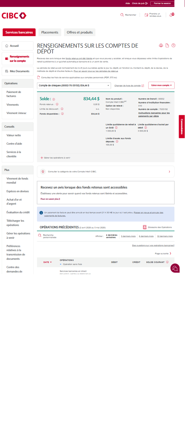 Écran de démonstration 3 : Page Renseignements sur les comptes de dépôt. Une animation dynamique met en évidence le bouton Gérer mon compte.