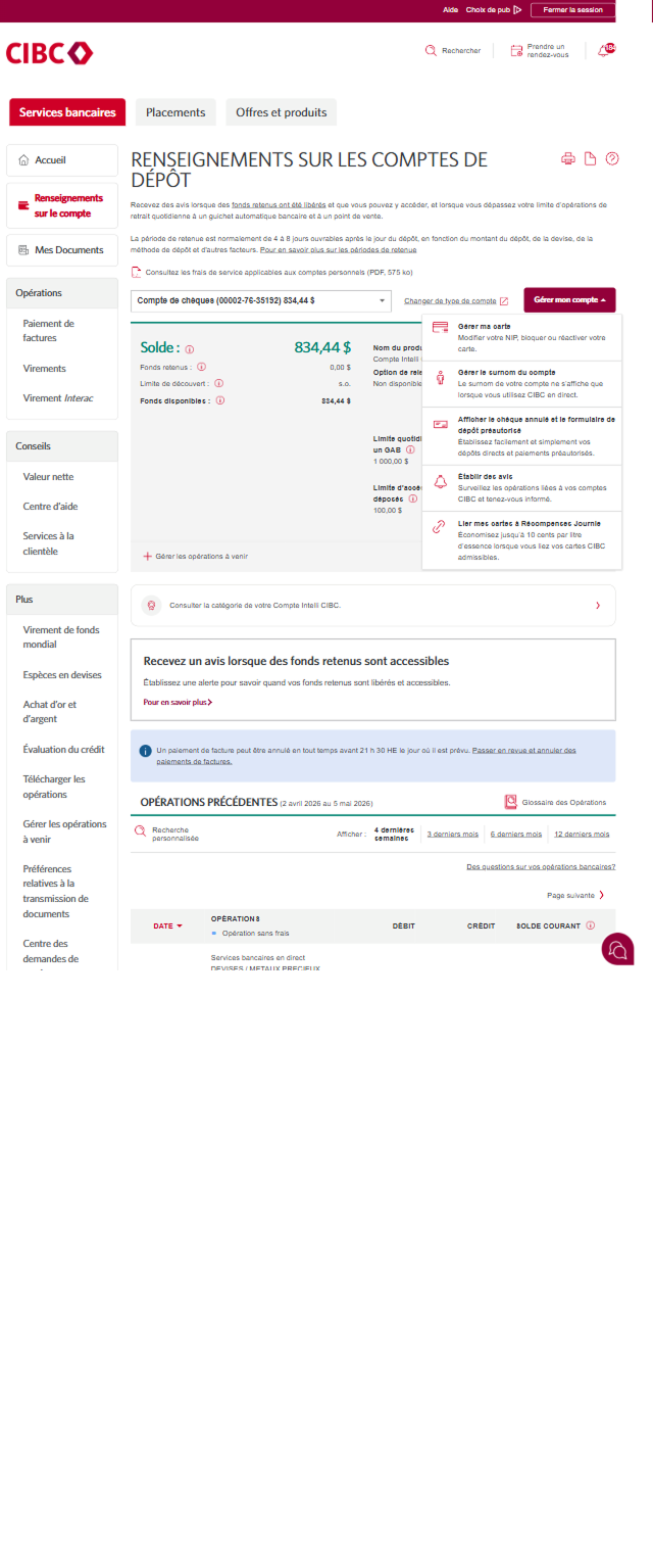 Écran de démonstration 4 : Page Renseignements sur les comptes de dépôt. Une animation dynamique met en évidence le lien menant à l’option Afficher le chèque annulé et le formulaire de dépôt préautorisé.