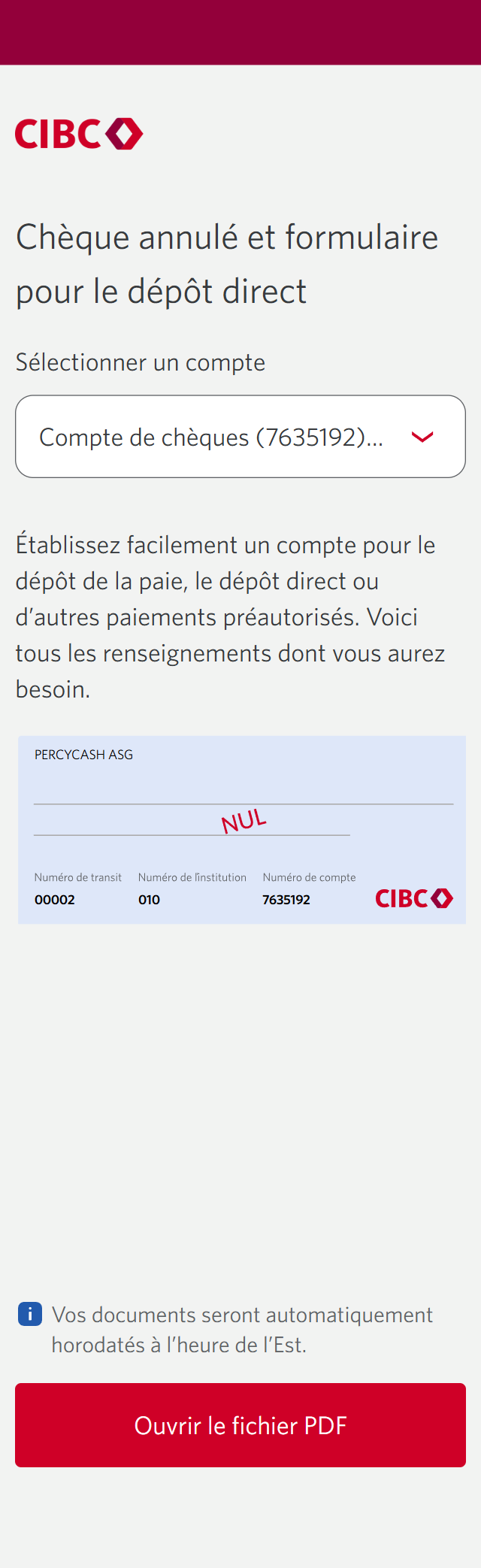 Écran de démonstration 5 : Page Chèque annulé et formulaire pour le dépôt direct. Une animation dynamique met en évidence le bouton pour ouvrir le fichier PDF.